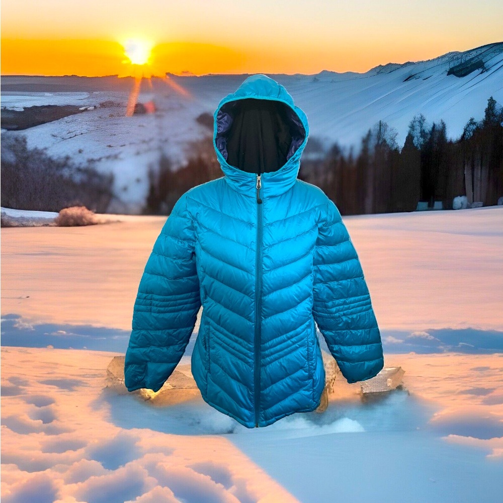 XERSION PACKABLE PREMIUM DOWN COAT Lightweight Hooded Puffer Zipper Aqua Blue L - Picture 1 of 10